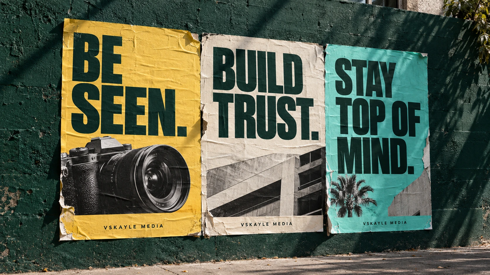 Three VSkayle concept posters: Be seen, Build trust and Stay top of mind, in butter yellow, cream and teal.